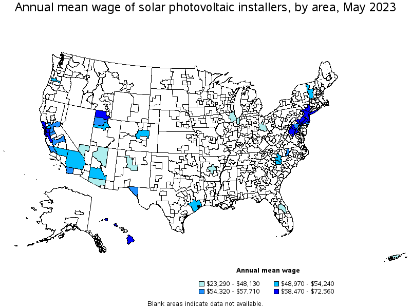 Map of annual mean wages of solar photovoltaic installers by area, May 2022