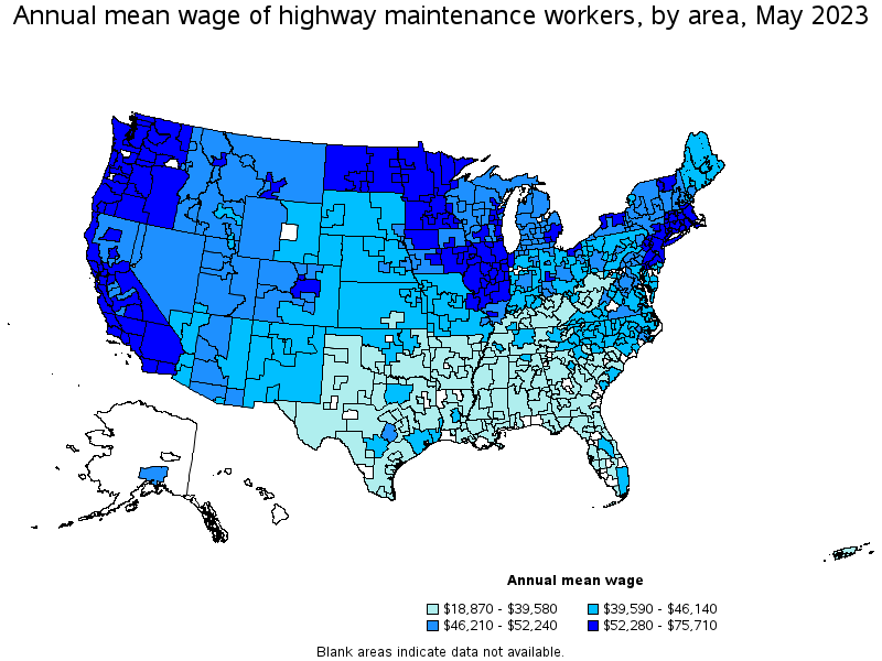 Map of annual mean wages of highway maintenance workers by area, May 2023