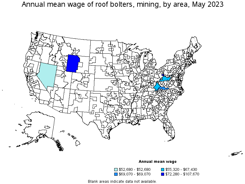 Map of annual mean wages of roof bolters, mining by area, May 2021