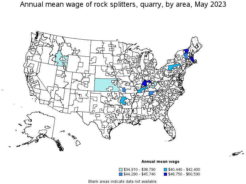 Map of annual mean wages of rock splitters, quarry by area, May 2023