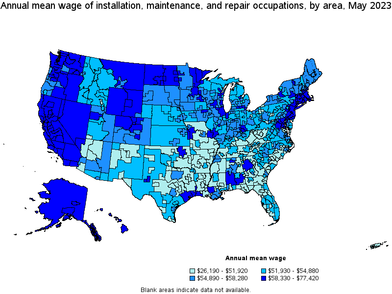 Map of annual mean wages of installation, maintenance, and repair occupations by area, May 2023