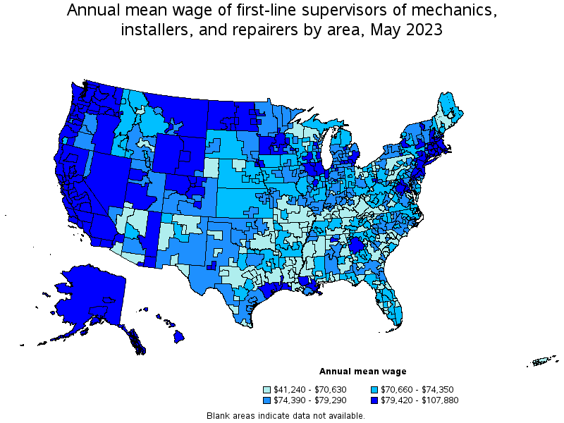 Map of annual mean wages of first-line supervisors of mechanics, installers, and repairers by area, May 2023