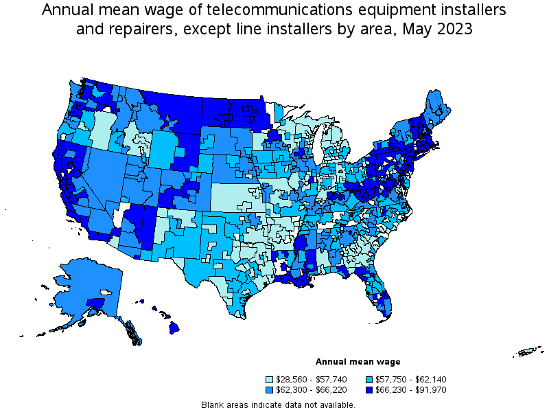 Map of annual mean wages of telecommunications equipment installers and repairers, except line installers by area, May 2023