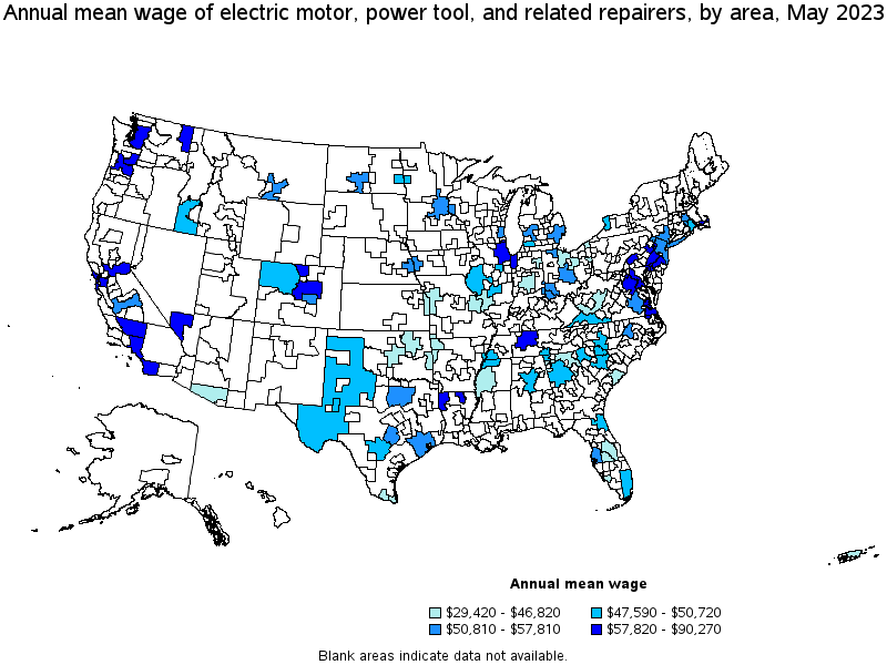 Map of annual mean wages of electric motor, power tool, and related repairers by area, May 2023