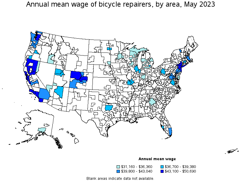 Map of annual mean wages of bicycle repairers by area, May 2023