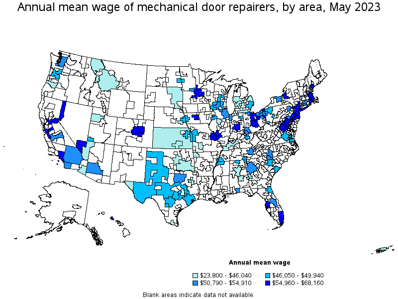 Map of annual mean wages of mechanical door repairers by area, May 2021