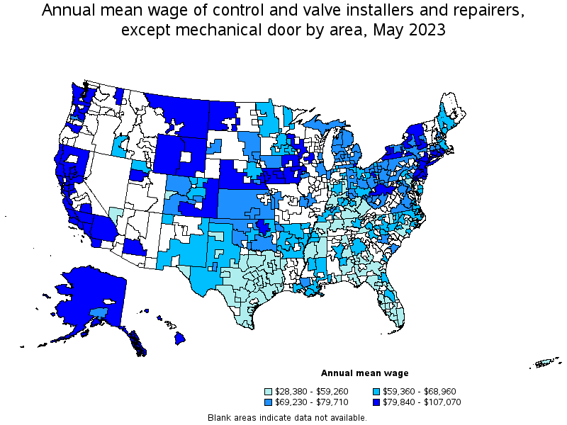 Map of annual mean wages of control and valve installers and repairers, except mechanical door by area, May 2021