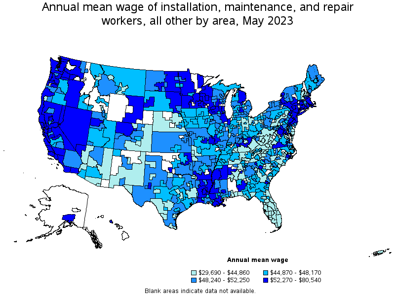 Map of annual mean wages of installation, maintenance, and repair workers, all other by area, May 2023