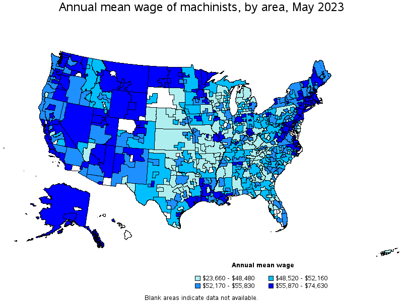 Map of annual mean wages of machinists by area, May 2023