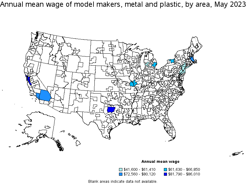 Map of annual mean wages of model makers, metal and plastic by area, May 2023