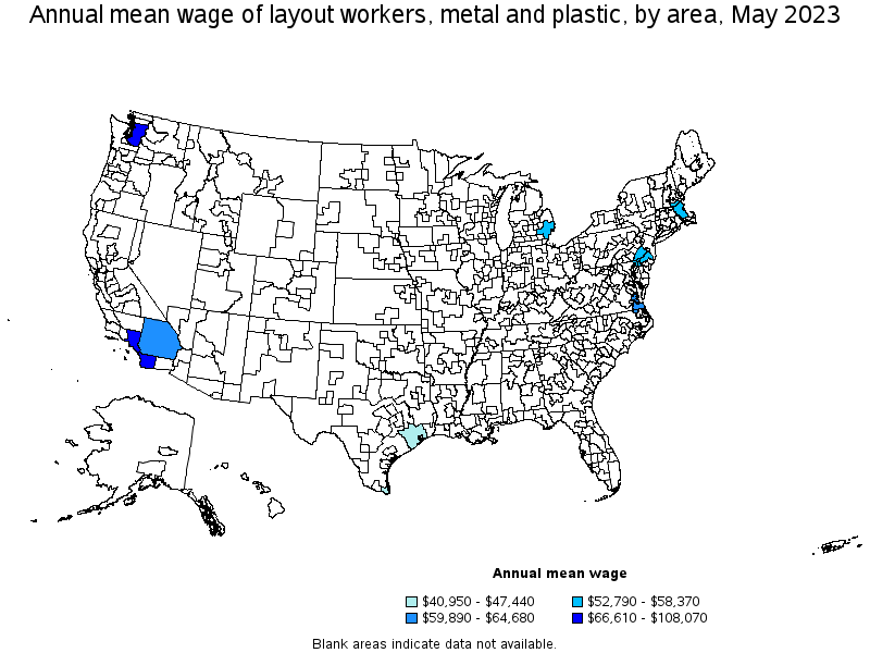 Map of annual mean wages of layout workers, metal and plastic by area, May 2023