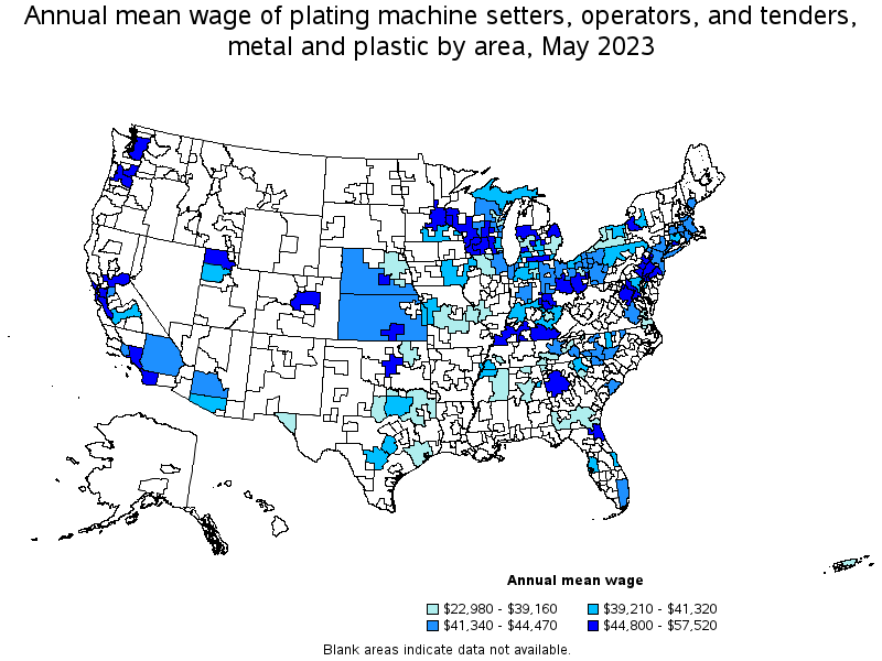 Map of annual mean wages of plating machine setters, operators, and tenders, metal and plastic by area, May 2021