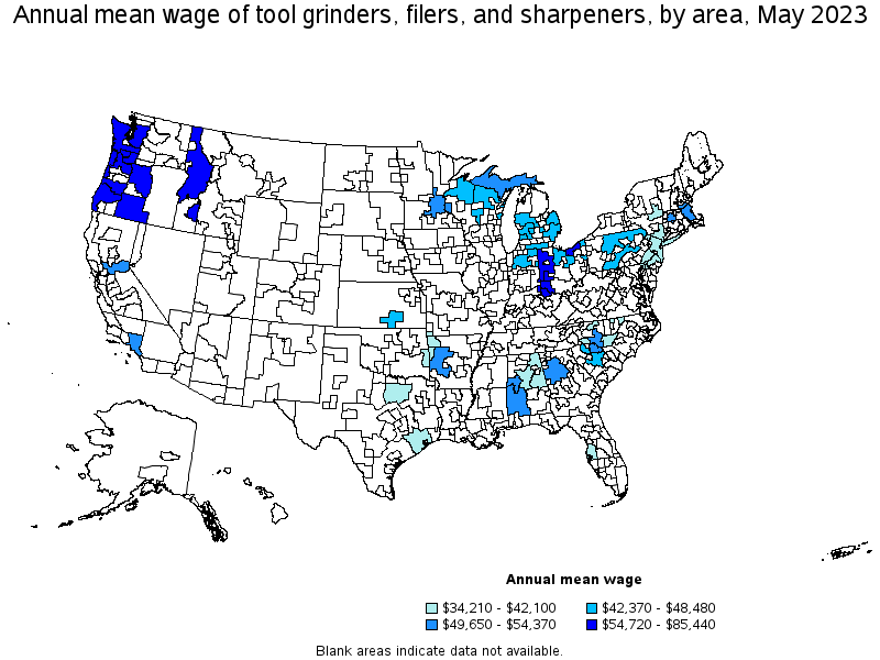 Map of annual mean wages of tool grinders, filers, and sharpeners by area, May 2021