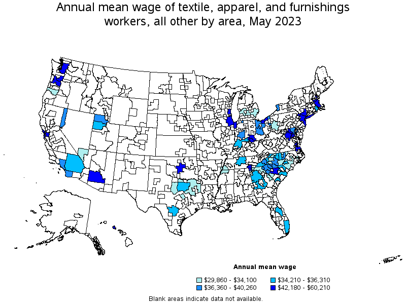 Map of annual mean wages of textile, apparel, and furnishings workers, all other by area, May 2022
