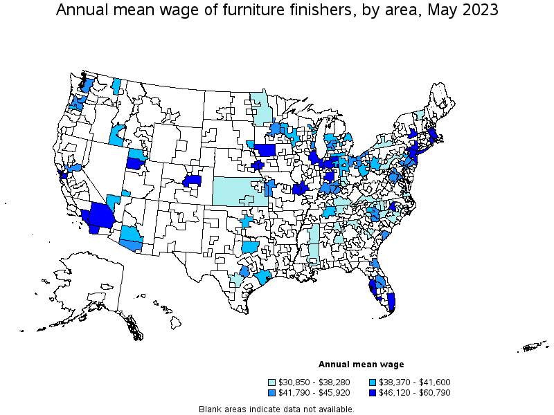 Map of annual mean wages of furniture finishers by area, May 2021