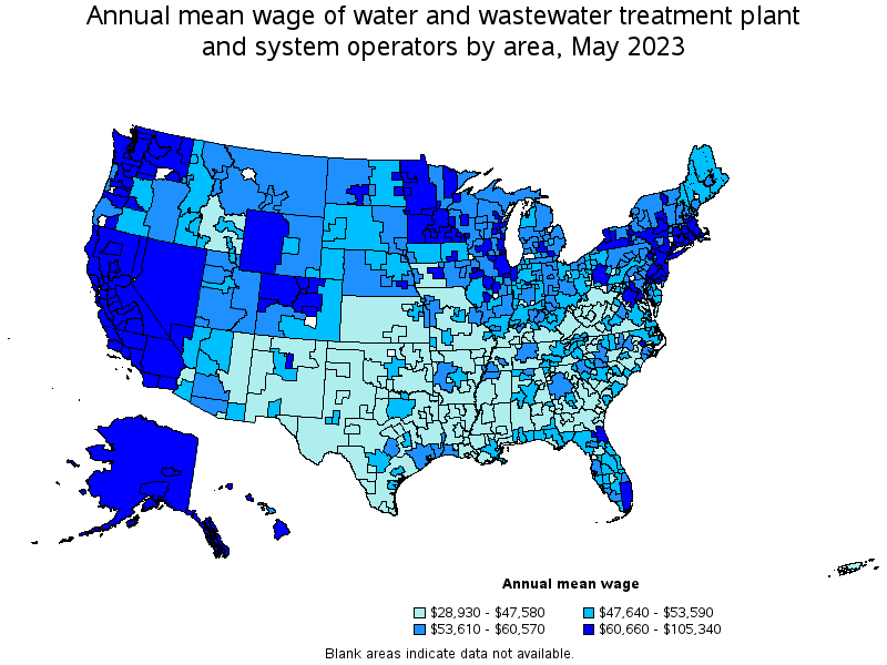 Map of annual mean wages of water and wastewater treatment plant and system operators by area, May 2023