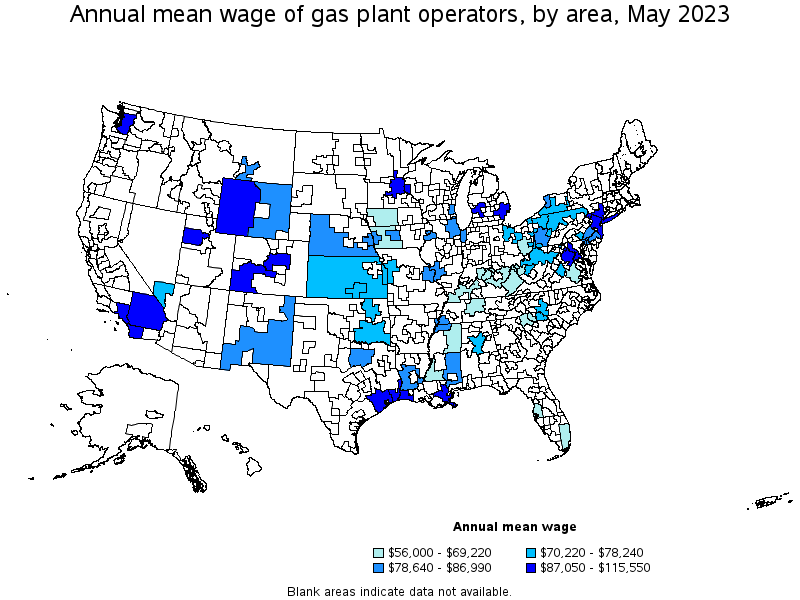 Map of annual mean wages of gas plant operators by area, May 2023