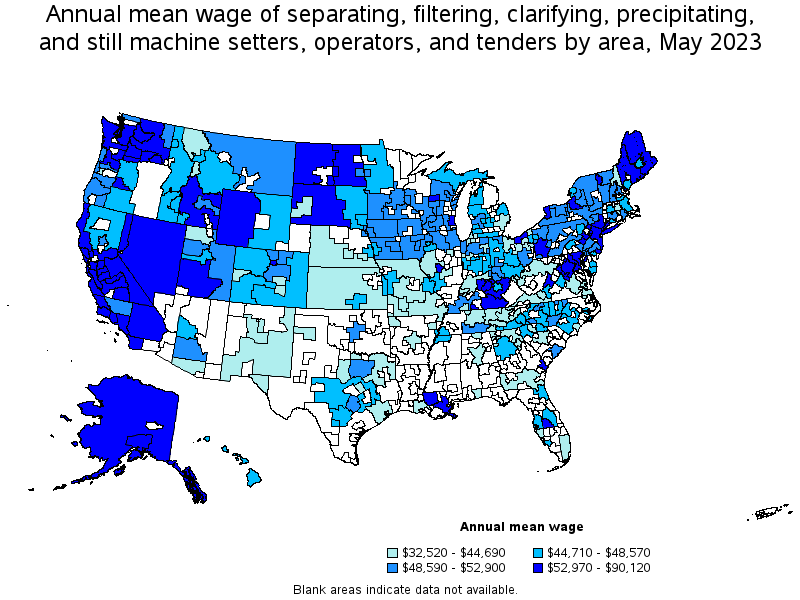 Map of annual mean wages of separating, filtering, clarifying, precipitating, and still machine setters, operators, and tenders by area, May 2022