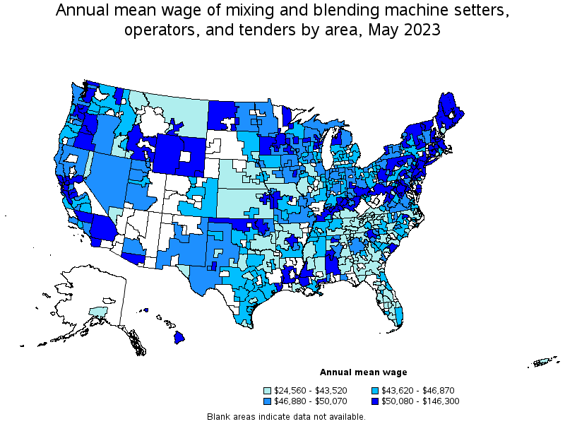 Map of annual mean wages of mixing and blending machine setters, operators, and tenders by area, May 2023