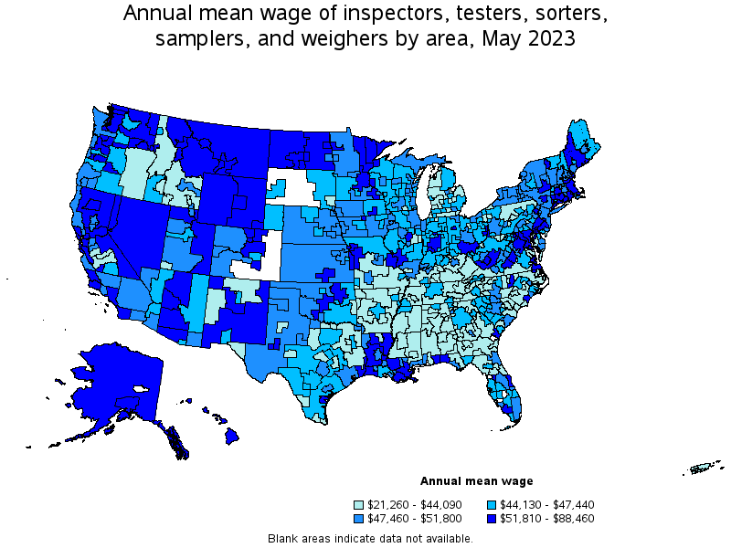 Map of annual mean wages of inspectors, testers, sorters, samplers, and weighers by area, May 2023
