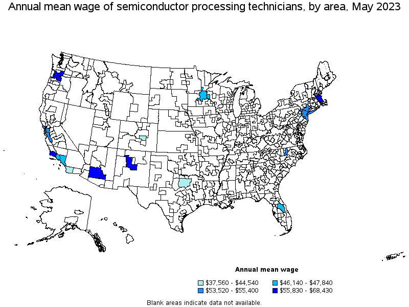 Map of annual mean wages of semiconductor processing technicians by area, May 2022