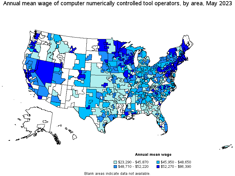 Map of annual mean wages of computer numerically controlled tool operators by area, May 2023