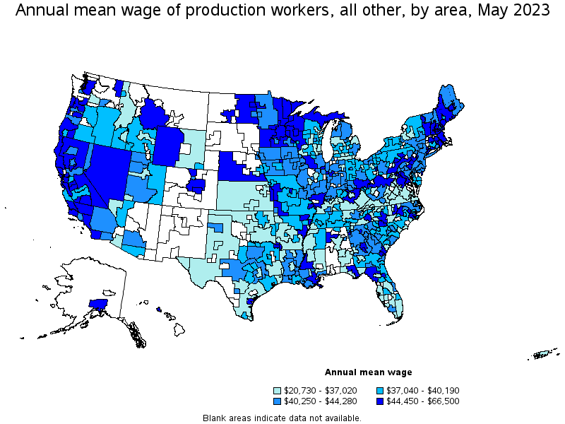 Map of annual mean wages of production workers, all other by area, May 2023