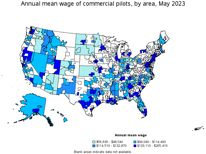 Map of annual mean wages of commercial pilots by area, May 2022