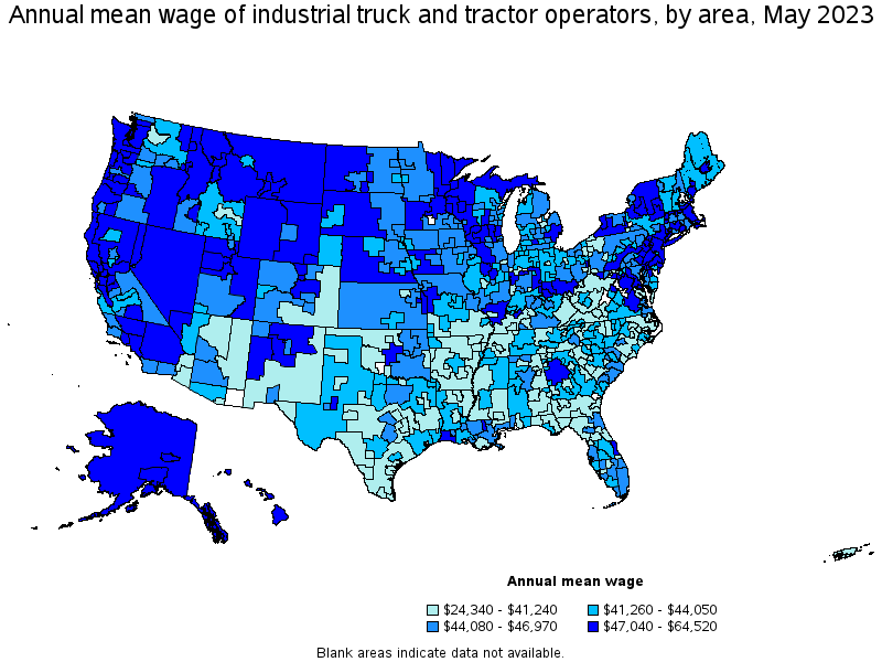 Map of annual mean wages of industrial truck and tractor operators by area, May 2023