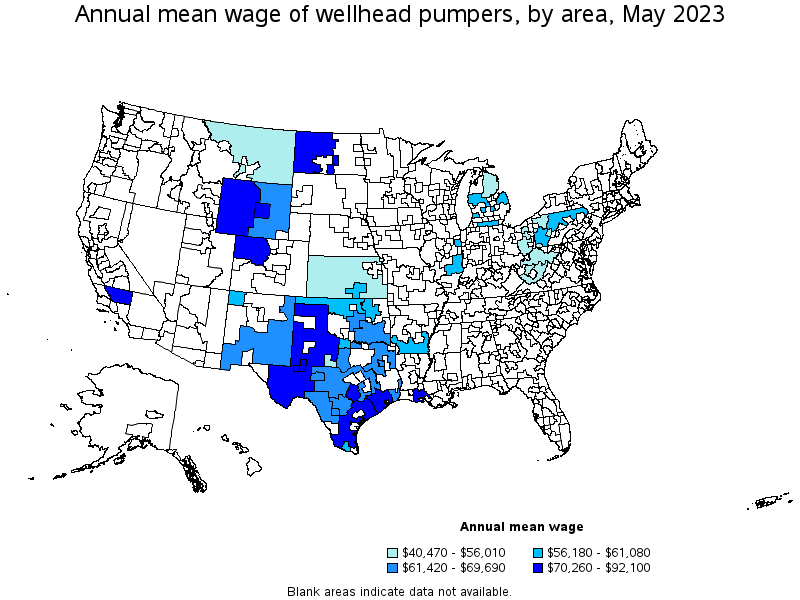 Map of annual mean wages of wellhead pumpers by area, May 2021