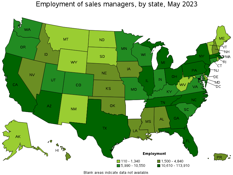 Map of employment of sales managers by state, May 2023