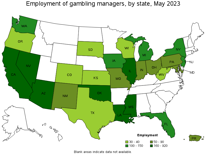 Map of employment of gambling managers by state, May 2023