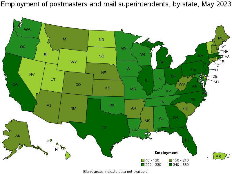 Map of employment of postmasters and mail superintendents by state, May 2023