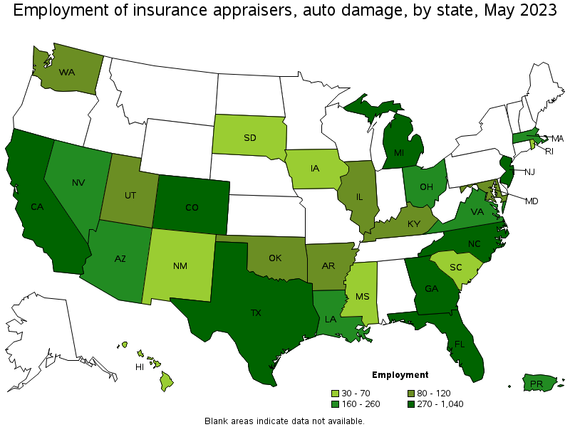 Map of employment of insurance appraisers, auto damage by state, May 2023