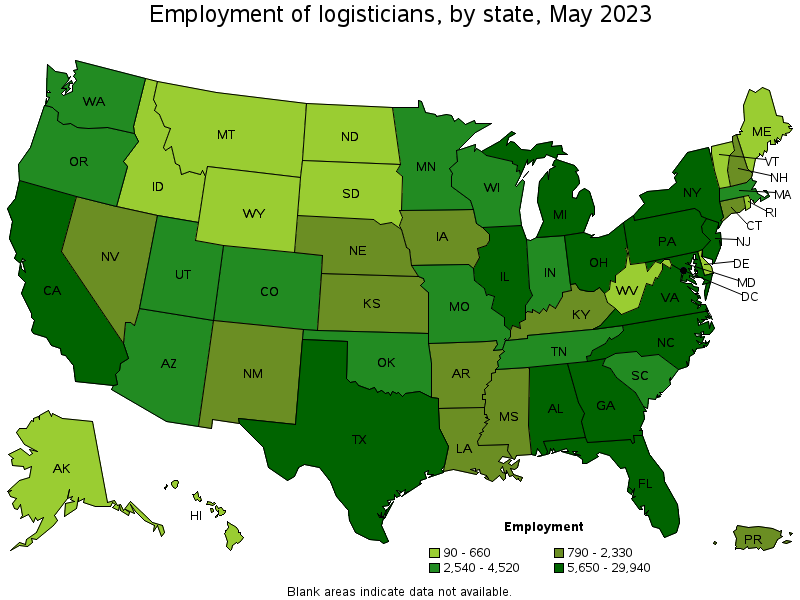 Map of employment of logisticians by state, May 2021