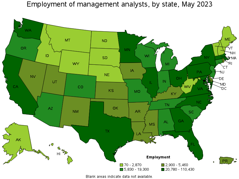 Map of employment of management analysts by state, May 2023