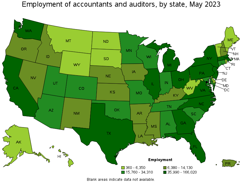 Map of employment of accountants and auditors by state, May 2023