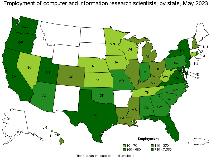 Map of employment of computer and information research scientists by state, May 2022
