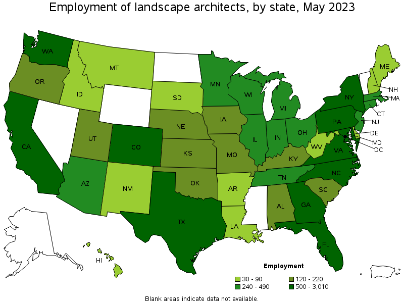 Map of employment of landscape architects by state, May 2023