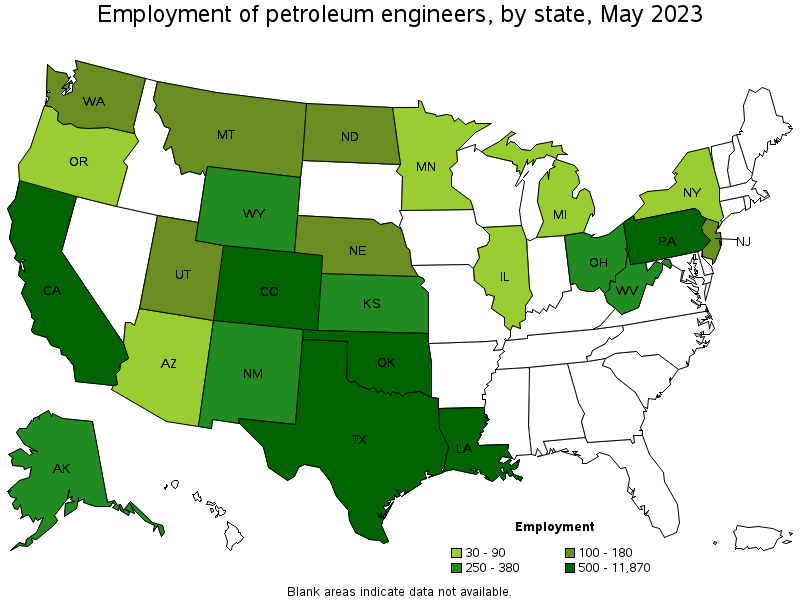 Map of employment of petroleum engineers by state, May 2023