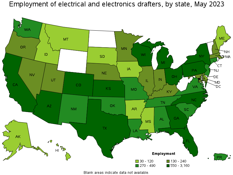 Map of employment of electrical and electronics drafters by state, May 2023