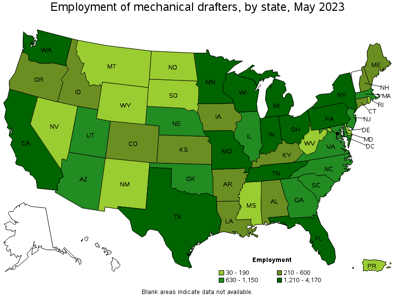 Map of employment of mechanical drafters by state, May 2022