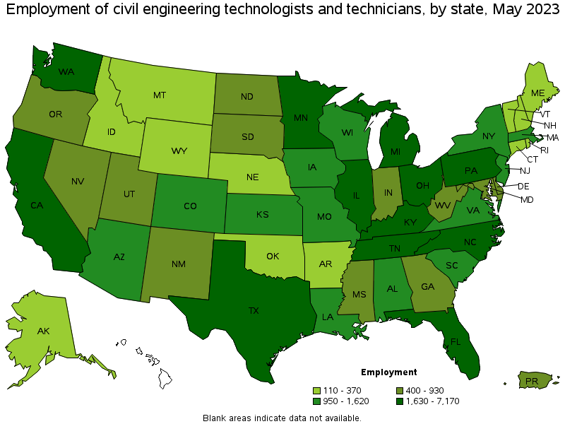 Map of employment of civil engineering technologists and technicians by state, May 2023
