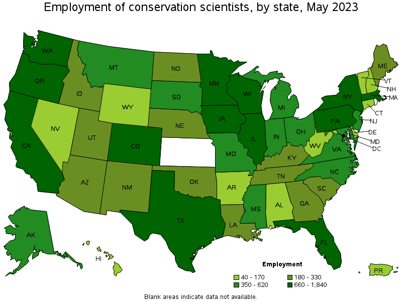 Map of employment of conservation scientists by state, May 2021