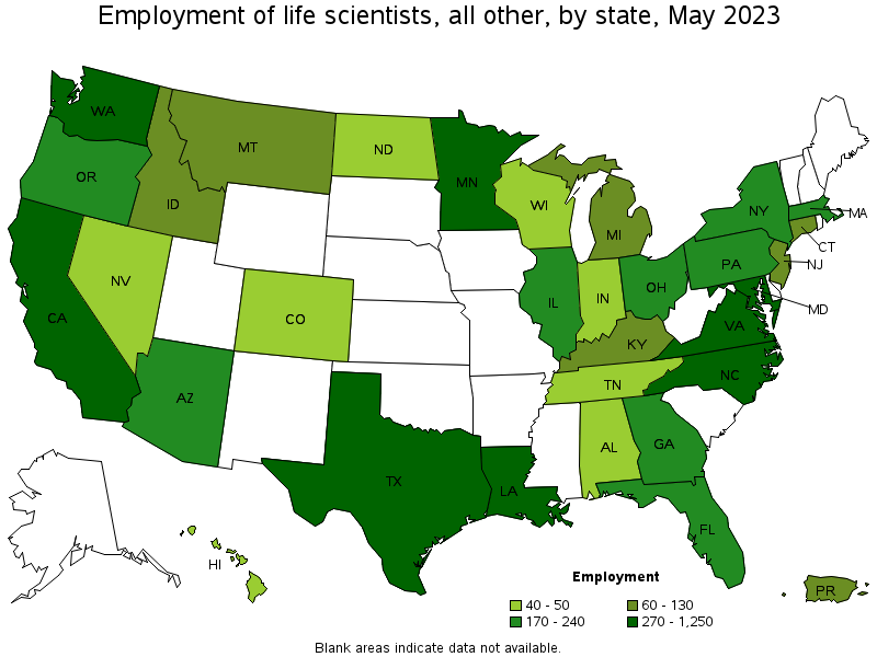 Map of employment of life scientists, all other by state, May 2022