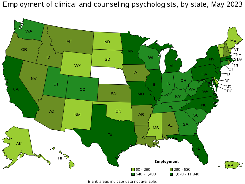 Map of employment of clinical and counseling psychologists by state, May 2021