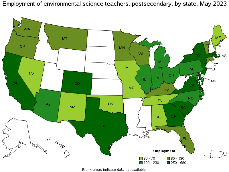 Map of employment of environmental science teachers, postsecondary by state, May 2023