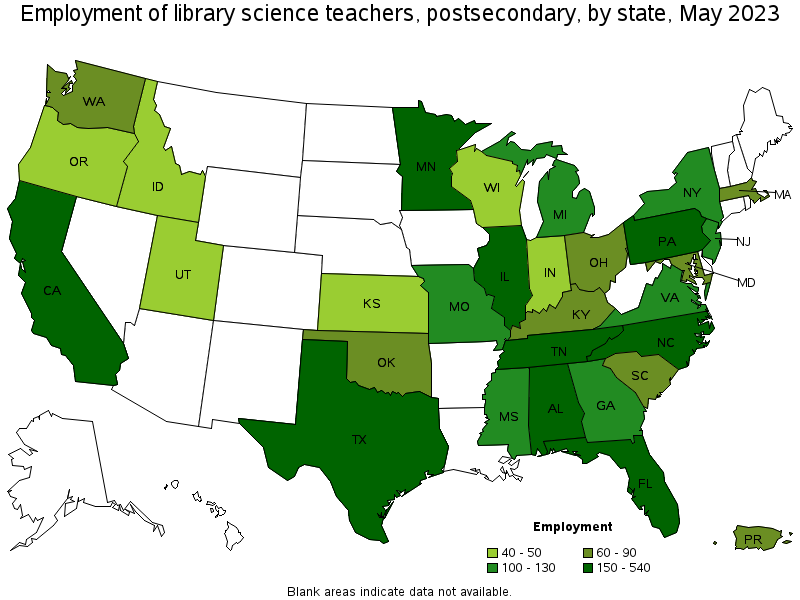 Map of employment of library science teachers, postsecondary by state, May 2021