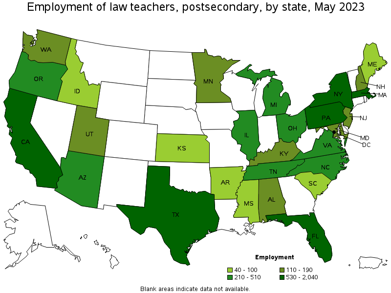 Map of employment of law teachers, postsecondary by state, May 2021