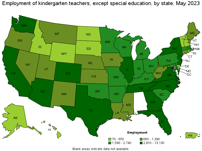 Map of employment of kindergarten teachers, except special education by state, May 2021